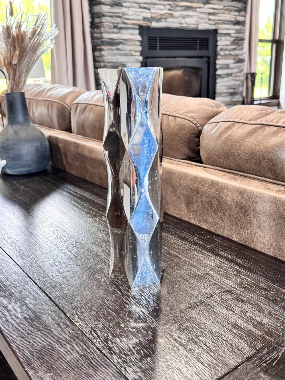 Nambe Metalic Silver Geometric Tall Vase - Elegant Home Accent